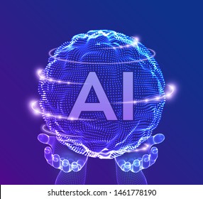 AI Artificial Intelligence Logo in hands. Artificial Intelligence and Machine Learning Concept. Sphere grid wave with binary code. Big data innovation technology. Neural networks. Vector illustration.
