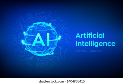 AI. Artificial Intelligence Logo. Artificial Intelligence and Machine Learning Concept. Sphere grid wave with binary code. Big data innovation technology. Neural networks. Vector illustration.