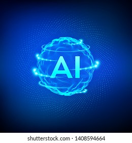 AI. Artificial Intelligence Logo. Artificial Intelligence and Machine Learning Concept. Sphere grid wave with binary code. Big data innovation technology. Neural networks. Vector illustration.