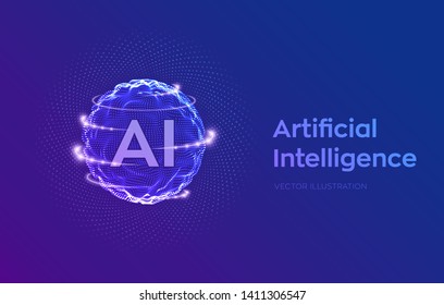 AI. Artificial Intelligence Logo. Artificial Intelligence and Machine Learning Concept. Sphere grid wave with binary code. Big data innovation technology. Neural networks. Vector illustration.