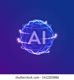 AI. Artificial Intelligence Logo. Artificial Intelligence and Machine Learning Concept. Sphere grid wave with binary code. Big data innovation technology. Neural networks. Vector illustration.