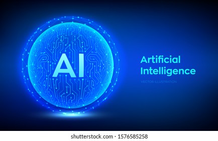 AI. Artificial Intelligence Logo. Artificial Intelligence and Machine Learning Concept. Abstract technology circuit board sphere. Big data innovation technology. Neural networks. Vector illustration.