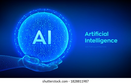 AI. Artificial Intelligence Logo. Artificial Intelligence and Machine Learning Concept. Abstract technology circuit board sphere in hand. Big data technology. Neural networks. Vector illustration.