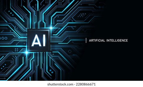 Logo de inteligencia artificial de IA en placa de circuito de chipset y paisaje de copia. Concepto futuro de tecnología de inteligencia artificial cibernética, ilustración vectorial