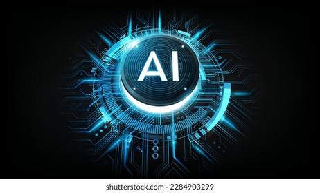 AI Artificial intelligence logo on chipset circuit board. Future cybernetic artificial intelligence technology concept, vector illustration