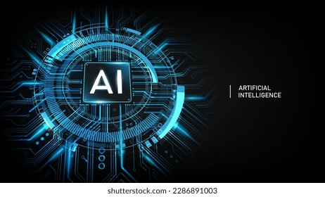 Logo de inteligencia artificial de IA en placa de circuito de microchips y espacio de copia. Concepto futuro de tecnología de inteligencia artificial cibernética, ilustración vectorial