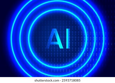 AI Artificial intelligence logo on a bright blue round background with Binary Code for AI website