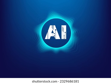 AI Artificial intelligence logo text with circle wave blue background technology. High tech concept. For big data processing, machine learning, ai trading, technology background