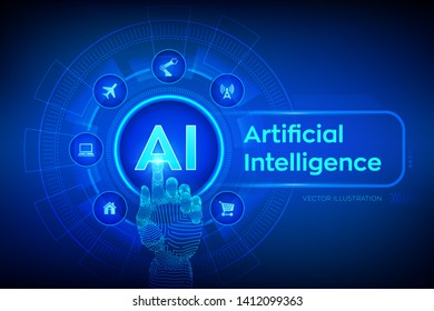 AI. Artificial intelligence. Machine learning, Big data analysis and automation technology in business and industrial manufacturing concept. Hand touching digital interface. Vector illustration.