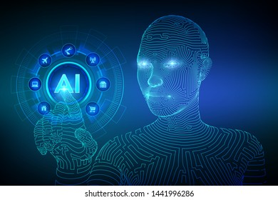 AI. Artificial intelligence. Machine learning. Wireframed female cyborg hand touching digital graph interface. Big data analysis and automation technology. Touch the future. Vector illustration.