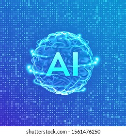 AI. Artificial Intelligence and Machine Learning concept. Sphere grid wave on streaming matrix digital binary code background. Big data innovation technology. Neural networks. Vector illustration.