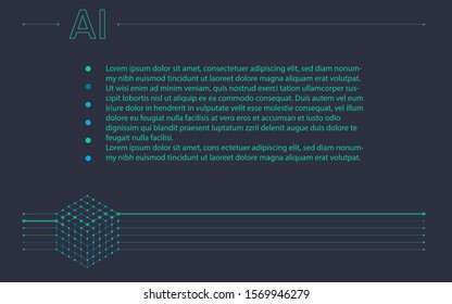 AI, artificial intelligence or machine learning infographics elements, presentation page. Artificial  intelligence cube, deep learning neural network in isometric view. Vector illustration