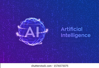 AI. Artificial Intelligence and Machine Learning concept. Sphere grid wave on streaming matrix digital binary code background. Big data innovation technology. Neural networks. Vector illustration.