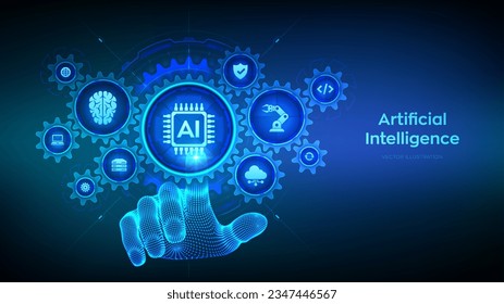 AI. Artificial Intelligence. Machine Learning Concept. Big data. Neural networks. AI technology. Wireframe hand touching digital interface with connected gears cogs and icons. Vector illustration.