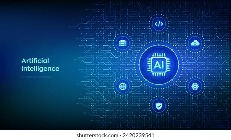 AI. Künstliche Intelligenz. Maschinelle Lerntechnologie. Big Data Analysis. Tiefes Lernen. Neuronale Netzwerke. Hintergrund mit Leiterplattenanschlüssen und Techniksymbolen. Vektorgrafik.