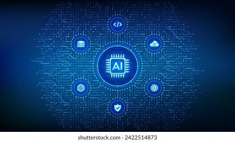 AI. Artificial intelligence. Machine learning technology. Big data analysis. Deep learning. Neural networks. Background with circuit board connections and tech icons. Vector Illustration.