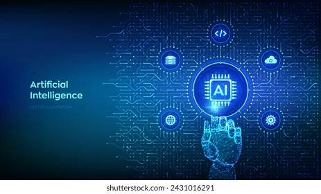 AI. Artificial intelligence. Machine learning technology. Big data. Neural networks. Background with circuit board connections and tech icons. Wireframe hand pressing button. Vector Illustration.