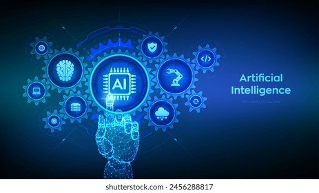 AI. Inteligencia Artificial. Concepto de aprendizaje automático. Big data. Redes neuronales. Tecnología de IA. Mano de alambre que toca la interfaz digital con engranajes conectados engranajes e iconos. Ilustración vectorial.