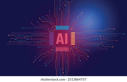 AI Inteligência Artificial e Machine Learning Background Concept, Tecnologia de inovação de Big data, Fundo abstrato, AI Inteligência Artificial chipset na placa de circuito em conceito futurista	