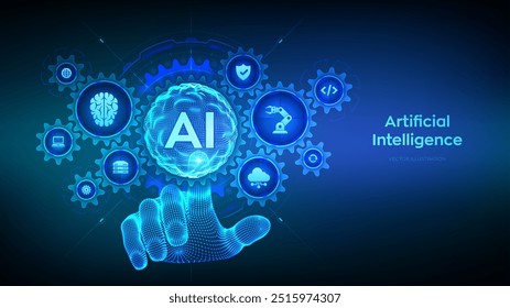 IA. Inteligencia artificial. Concepto de aprendizaje automático. Big data. Redes neuronales. Onda de rejilla de esfera. Mano de alambre tocando la interfaz digital con los engranajes conectados y los iconos. Ilustración vectorial.