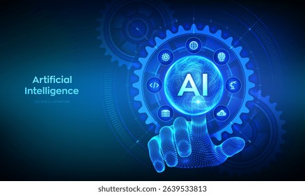AI. Artificial Intelligence. Machine Learning Concept. Big data. Neural networks. Wavy grid sphere. Wireframe hand touching digital interface with connected gears cogs and icons. Vector illustration.