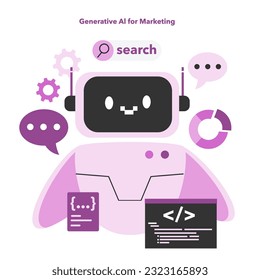 AI or artificial intelligence in marketing. AI-based targeting advertising with ai-generated content plan. Marketing compaign development with generative ann. Flat vector illustration