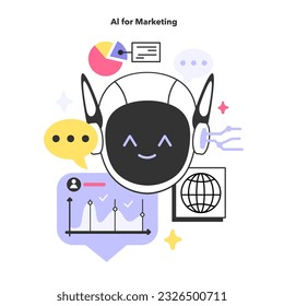 AI or artificial intelligence in marketing. AI-based targeting advertising. Marketing analysis and big data based forecasting. Digital compaign development. Flat vector illustration