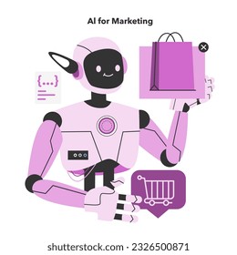 AI or artificial intelligence in marketing. AI-based targeting advertising with ai-generated content plan. Marketing compaign development with generative ann. Flat vector illustration