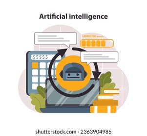 AI or artificial intelligence in marketing. AI-based targeting advertising with ai-generated content plan. Marketing compaign development with generative ann. Flat vector illustration