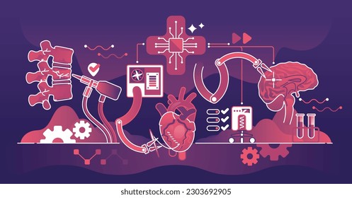 AI or artificial intelligence with medical surgery tools dark outline concept. Futuristic doctor replacement with modern technology for precise procedures vector illustration. Machine for health care