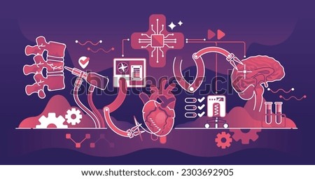 AI or artificial intelligence with medical surgery tools dark outline concept. Futuristic doctor replacement with modern technology for precise procedures vector illustration. Machine for health care