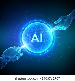 AI. Artificial Intelligence. Neural networks. Hands of Robot and Human touching sphere with circuit board pattern. Vector illustration.