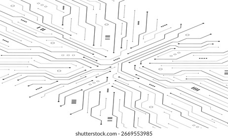 Inteligência Artificial AI na placa de circuito em fundo preto e branco. Tecnologia e engenharia. Motherboard e código HTML. Fundo isométrico da motherboard eletrônica. Ilustração vetorial.
