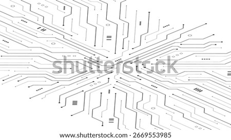 AI Artificial Intelligence on circuit board in black and white background. Technology and engineering. Motherboard and HTML code. Isometric electronic motherboard background. Vector illustration.