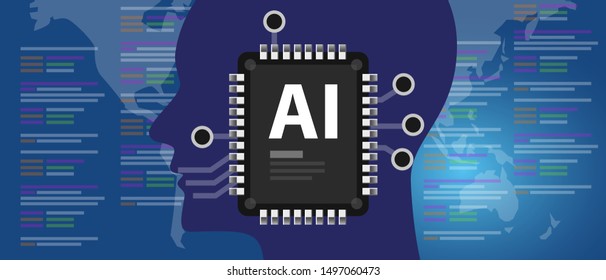 AI Artificial Intelligence programming code human brain connected to computer chips vector