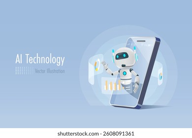 AI artificial intelligence robot analyzing business graph chart data on smartphone. AI technology as smart assistant in business analysis to develop smart solution. 3D vector.