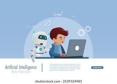 AI Artificial intelligence robot assist student kid doing homework on computer. AI generates information and provide smart solution. Education Technology. 3D Vector.