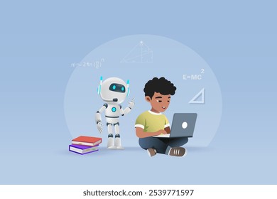 AI Artificial intelligence robot assist student kid doing homework on computer. AI generates information and provide smart solution. Education Technology. 3D Vector.