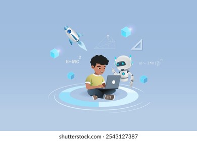 AI Artificial intelligence robot assist student kid doing homework on computer. AI generates information and provide smart solution. Education Technology. 3D Vector.