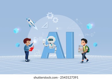 AI Artificial intelligence robot assist student kid doing homework and online learning. Using AI develop smart data analyzing. Education innovation technology.