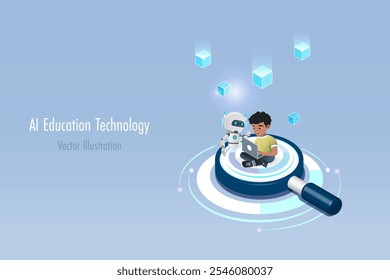 AI Artificial intelligence robot assist kid doing homework on magnifying glass. Student using AI develop smart data analyzing and research. Education innovation technology. 3D Vector.