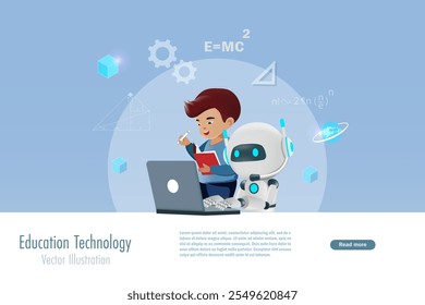 AI Artificial intelligence robot assist student kid doing online homework and searching data on computer. AI smart search engine and data research. Education technology.