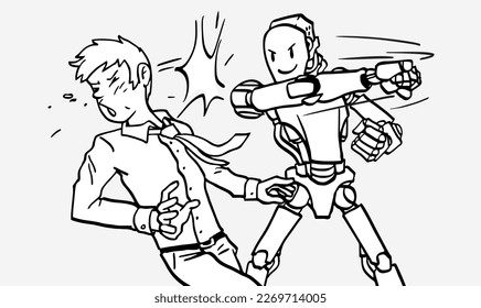 AI. Artificial Intelligence robot fight with human, hand-drawn sketch style vector