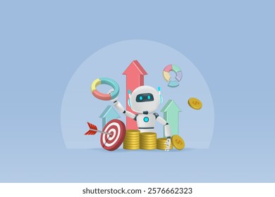 AI artificial intelligence robot with growth graph and money profit as business strategy assistant. AI technology as smart assistant in business analysis to develop smart solution.