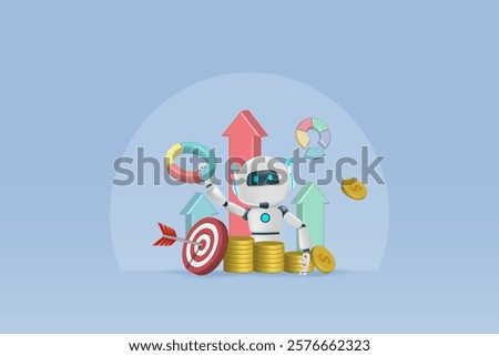 AI artificial intelligence robot with growth graph and money profit as business strategy assistant. AI technology as smart assistant in business analysis to develop smart solution.