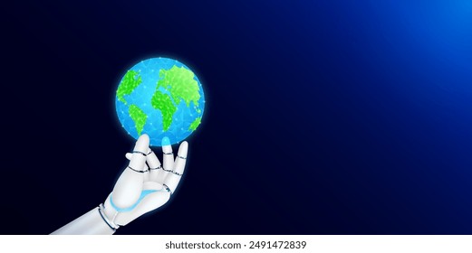 AI Inteligencia artificial robot mano sosteniendo brillante planeta tierra poligonal baja. Globalización del mundo de la tecnología futurista. Anuncio con espacio en blanco para texto. Vector.