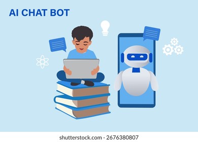 AI Robô de inteligência artificial ajuda aluno a fazer lição de casa no notebook. Ilustração vetorial da tecnologia Ai Education