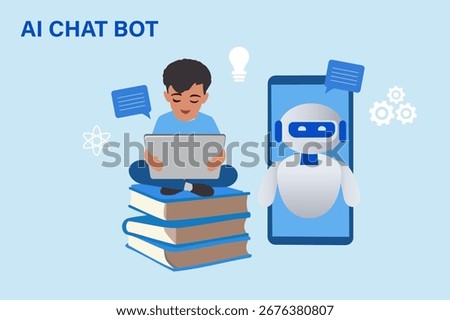 AI Artificial intelligence robot helps student doing homework on notebook. Ai Education Technology vector illustration