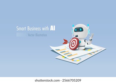 AI artificial intelligence robot holding marketing target on business report. AI technology as smart assistant in business analysis to develop smart solution.