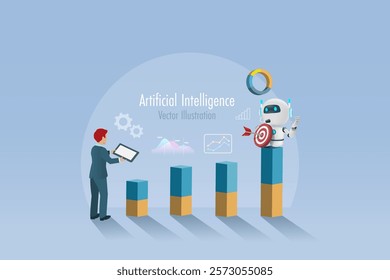 AI artificial intelligence robot holding marketing target on business growth graph. AI technology as smart assistant for business analysis to develop smart solution and growth profit. Vector.